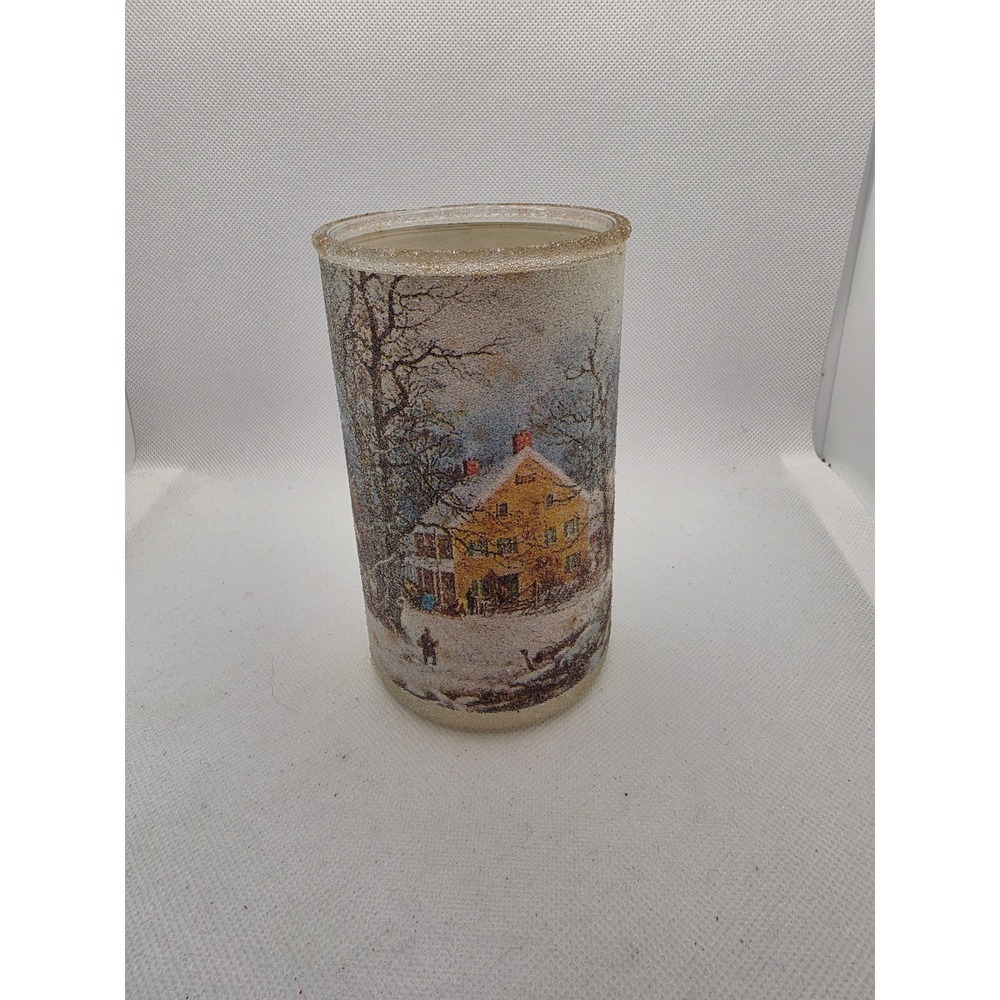 Winter Village Frosted Glass Glitter Candle Holder Snow Scene Yellow House 5in